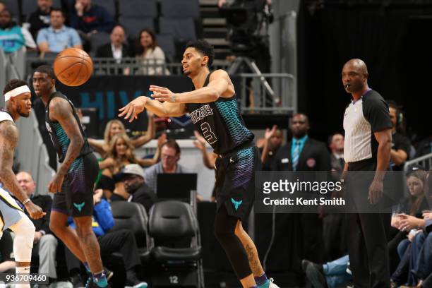 Jeremy Lamb of the Charlotte Hornets passes the ball against the Memphis Grizzlies on March 22, 2018 at Spectrum Center in Charlotte, North Carolina....