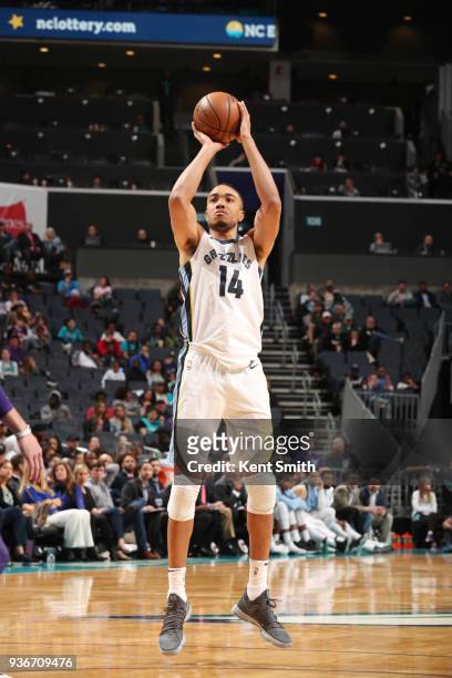Brice Johnson of the Memphis Grizzlies shoots the ball against the Charlotte Hornets on March 22, 2018 at Spectrum Center in Charlotte, North...