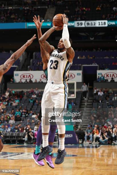 Ben McLemore of the Memphis Grizzlies shoots the ball against the Charlotte Hornets on March 22, 2018 at Spectrum Center in Charlotte, North...