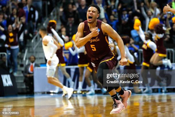 Marques Townes of the Loyola Ramblers reacts after making a late three point basket in the second half against the Nevada Wolf Pack during the 2018...