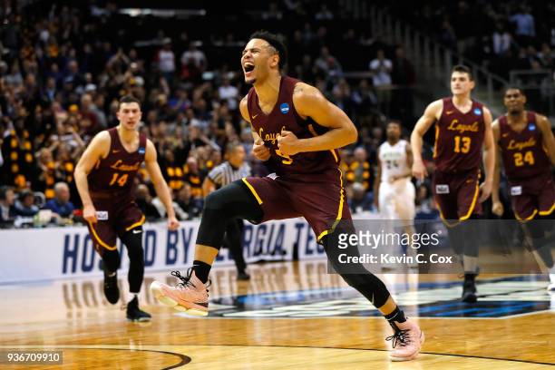 Marques Townes of the Loyola Ramblers reacts after making a late three point basket in the second half against the Nevada Wolf Pack during the 2018...