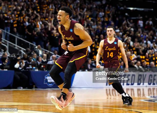 Marques Townes of the Loyola Ramblers celebrates his teams 69-68 win over the Nevada Wolf Pack during the 2018 NCAA Men's Basketball Tournament South...