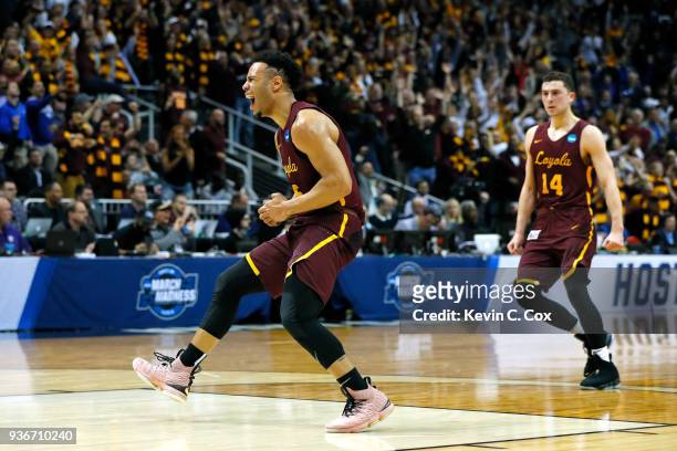 Marques Townes of the Loyola Ramblers celebrates his teams 69-68 win over the Nevada Wolf Pack during the 2018 NCAA Men's Basketball Tournament South...