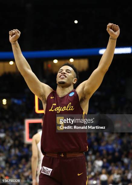 Marques Townes of the Loyola Ramblers reacts after defeating the Nevada Wolf Pack during the 2018 NCAA Men's Basketball Tournament South Regional at...
