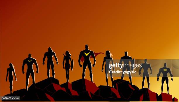 vector superhero silhouette set standing on rocks - cape garment stock illustrations