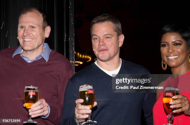 Gary White, Matt Damon and Tamron Hall attend "Water Ripples" By Stella Artois Art Installation Unveiling at Grand Central Terminal on March 22, 2018...