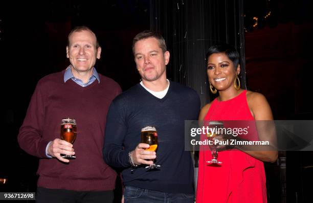 Gary White, Matt Damon and Tamron Hall attend "Water Ripples" By Stella Artois Art Installation Unveiling at Grand Central Terminal on March 22, 2018...