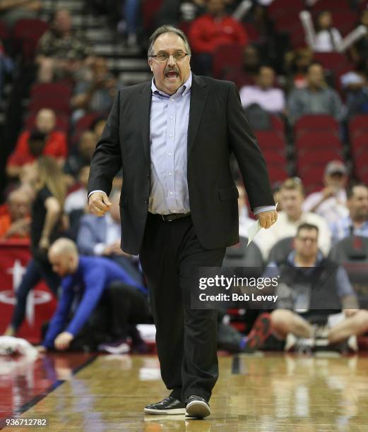 Head coach Stan Van Gundy of the Detroit Pistons objects to a foul at Toyota Center on March 22, 2018 in Houston, Texas. NOTE TO USER: User expressly...