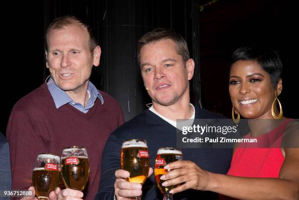 Gary White, Matt Damon and Tamron Hall attend "Water Ripples" By Stella Artois Art Installation Unveiling at Grand Central Terminal on March 22, 2018...