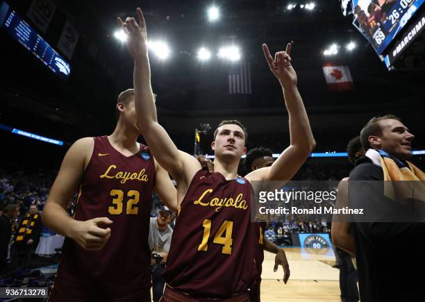 Ben Richardson of the Loyola Ramblers celebrates after defeating the Nevada Wolf Pack during the 2018 NCAA Men's Basketball Tournament South Regional...