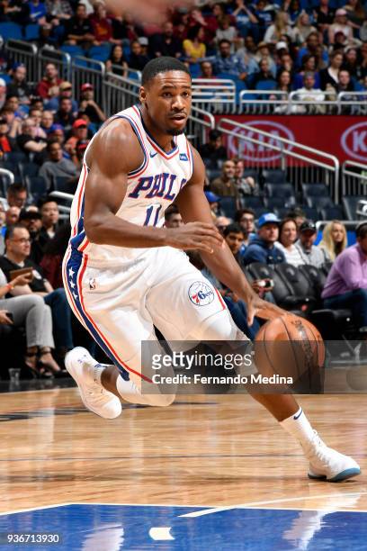 Demetrius Jackson of the Philadelphia 76ers handles the ball against the Orlando Magic on March 22, 2018 at Amway Center in Orlando, Florida. NOTE TO...