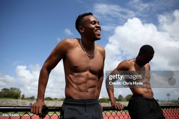 Julian Forte and Ronald Levy of Jamaica speak to media after a training ahead of the 2018 Commonwealth Games at Runaway Bay Sports Centre on March...