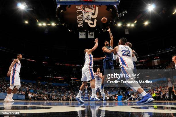 Khem Birch of the Orlando Magic shoots the ball against the Philadelphia 76ers on March 22, 2018 at Amway Center in Orlando, Florida. NOTE TO USER:...