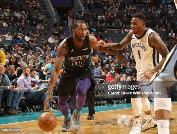Michael Kidd-Gilchrist of the Charlotte Hornets handles the ball against the Memphis Grizzlies on March 22, 2018 at Spectrum Center in Charlotte,...