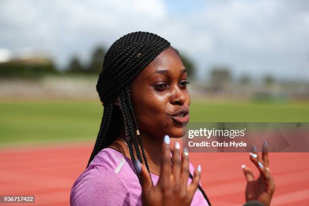 Elaine Thompson of Jamaica speaks to media after a training session ahead of the 2018 Commonwealth Games at Runaway Bay Sports Centre on March 23,...