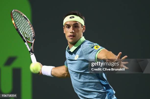 Nicolas Kicker of Argentina in action against Frances Tiafoe of the United States a in their first round match during the Miami Open Presented by...