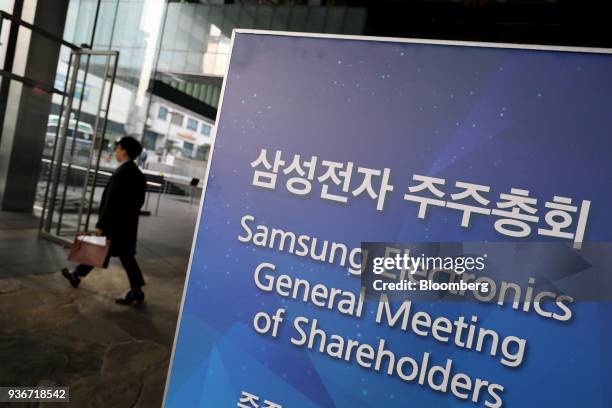 Sign for Samsung Electronics Co.'s annual general meeting is displayed at the company's Seocho office building in Seoul, South Korea, on Friday,...