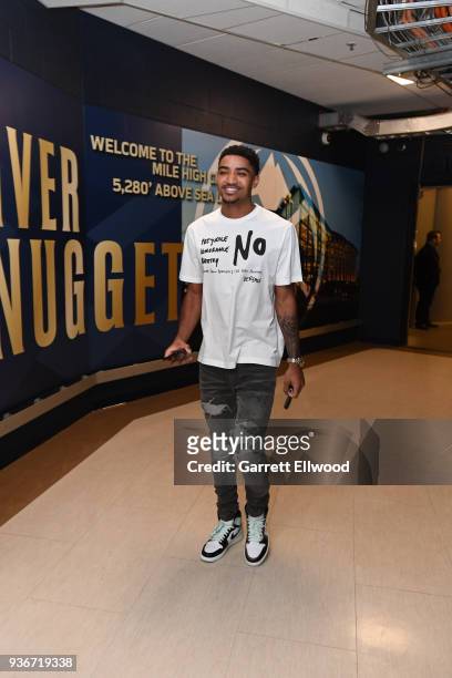 Gary Harris of the Denver Nuggets arrives before the game against the Denver Nuggets on March 15, 2018 at the Pepsi Center in Denver, Colorado. NOTE...