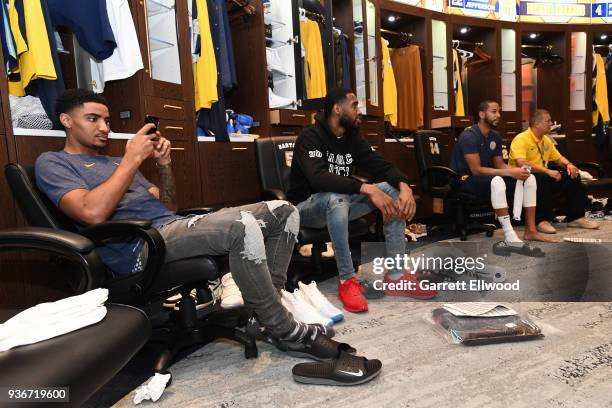 Gary Harris and Will Barton of the Denver Nuggets get ready before the game against the Detroit Pistons on March 15, 2018 at the Pepsi Center in...