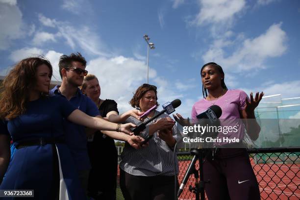 Elaine Thompson of Jamaica speaks to media after a training session ahead of the 2018 Commonwealth Games at Runaway Bay Sports Centre on March 23,...