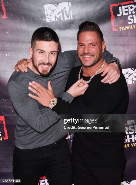 Vinny Guadagnino and Ronnie Ortiz-Magro attends the "Jersey Shore Family Vacation" TV show premiere held at Pick 6ix on March 22, 2018 in Toronto,...