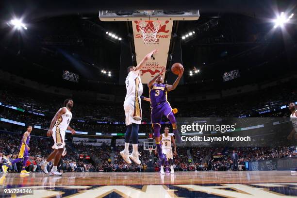 Isaiah Thomas of the Los Angeles Lakers dunks against the New Orleans Pelicans on March 22, 2018 at Smoothie King Center in New Orleans, Louisiana....