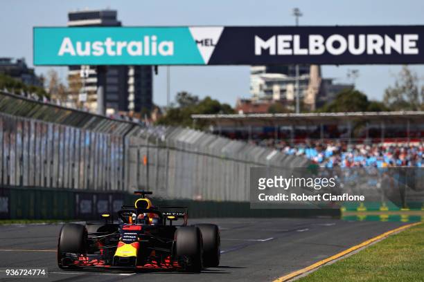 Daniel Ricciardo of Australia driving the Aston Martin Red Bull Racing RB14 TAG Heuer on track during practice for the Australian Formula One Grand...