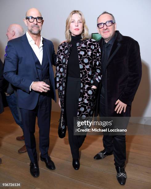 Actor Stanley Tucci and Musicians Diana Krall and Elvis Costello attend the "Final Portrait" New York Screening After Party at Levy Gorvy Gallery on...