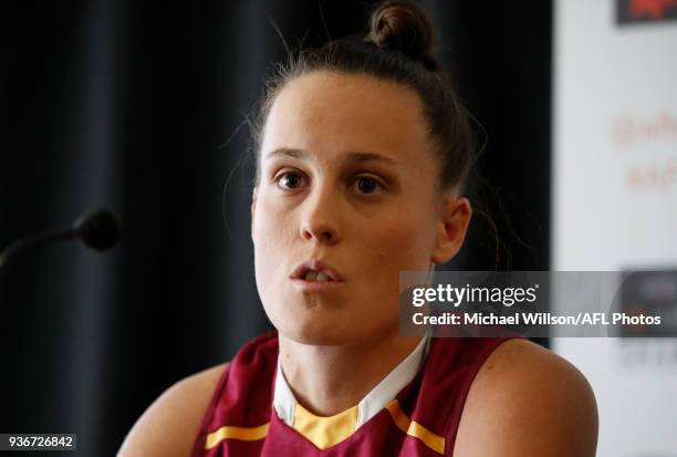 Emma Zielke of the Lions speaks to the media during the AFLW Grand Final media opportunity at Ikon Park on March 23, 2018 in Melbourne, Australia.