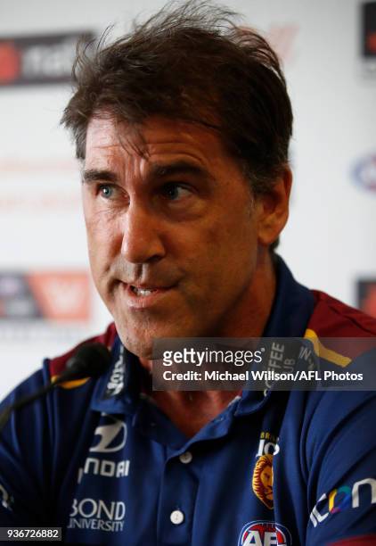 Craig Starcevich, Senior Coach of the Lions speaks to the media during the AFLW Grand Final media opportunity at Ikon Park on March 23, 2018 in...