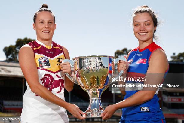 Emma Zielke of the Lions and Ellie Blackburn of the Bulldogs pose for a photograph during the AFLW Grand Final media opportunity at Ikon Park on...