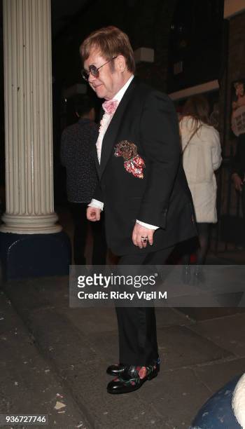Elton John seen attending Lord Andrew Lloyd Webber's birthday party at The Theatre Royal, Drury Lane on March 22, 2018 in London, England.
