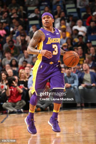 Isaiah Thomas of the Los Angeles Lakers handles the ball against the New Orleans Pelicans on March 22, 2018 at Smoothie King Center in New Orleans,...