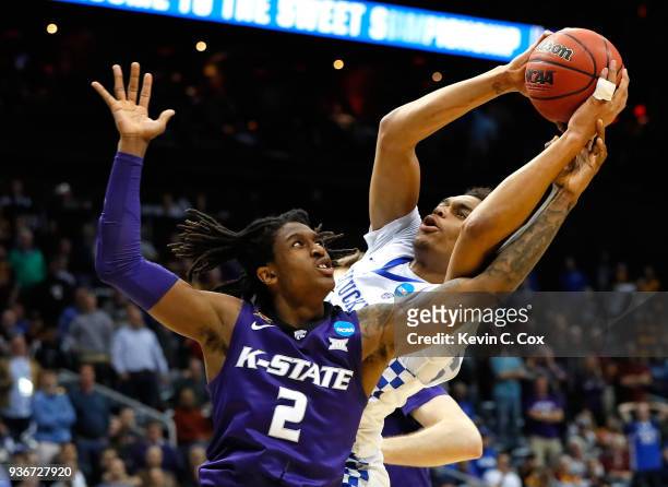 Washington of the Kentucky Wildcats handles the ball against Cartier Diarra of the Kansas State Wildcats in the first half during the 2018 NCAA Men's...