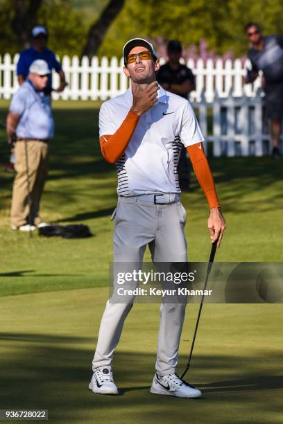 Dylan Frittelli of South Africa reacts to missing a putt on the 18th hole green during round two of the World Golf Championships-Dell Technologies...