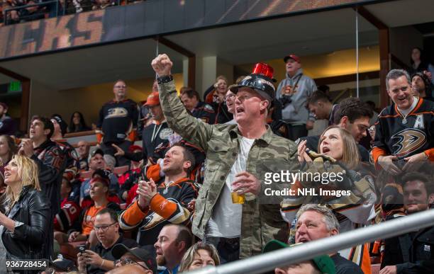 Anaheim Ducks fans celebrate a first-period goal during the game against the New Jersey Devils at Honda Center on March 18, 2018 in Anaheim,...