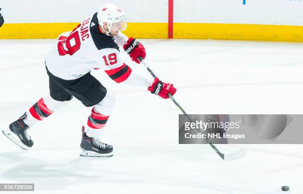 Travis Zajac of the New Jersey Devils passes during the second period of the game at Honda Center on March 18, 2018 in Anaheim, California.