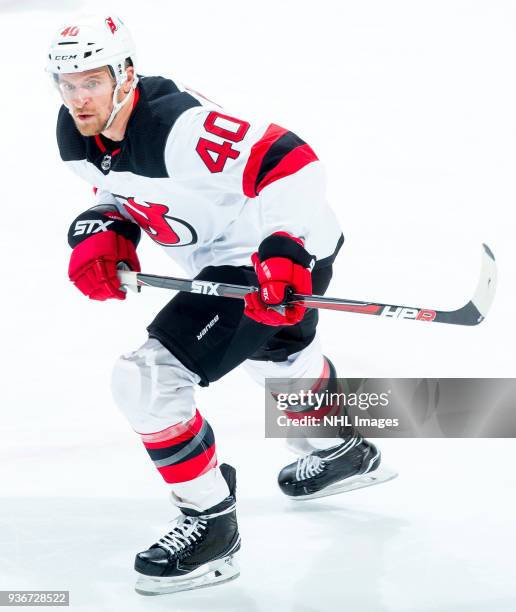 Michael Grabner of the New Jersey Devils skates during the second period of the game against the Anaheim Ducks at Honda Center on March 18, 2018 in...