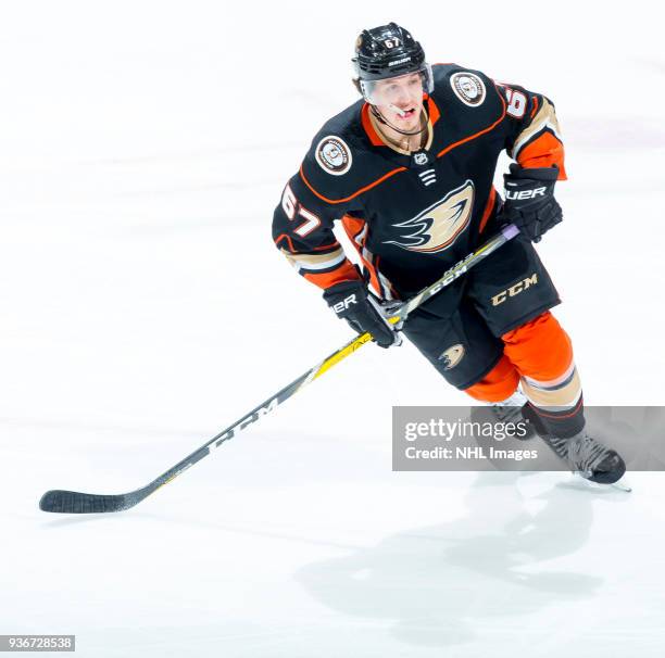 Rickard Rakell of the Anaheim Ducks skates during the second period of the game against the New Jersey Devils at Honda Center on March 18, 2018 in...