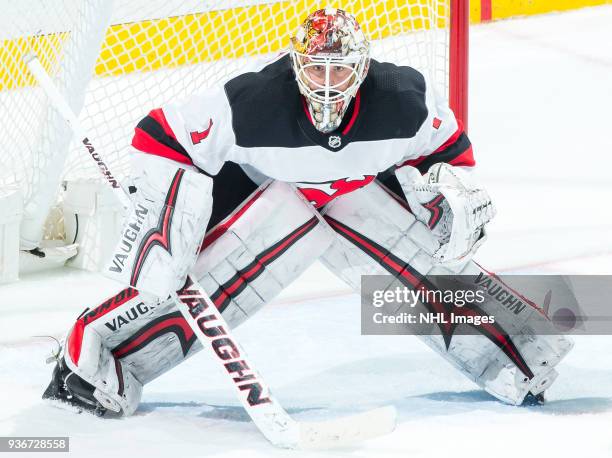 Goalie Keith Kinkaid of the New Jersey Devils protects the net during the second period of the game against the Anaheim Ducks at Honda Center on...