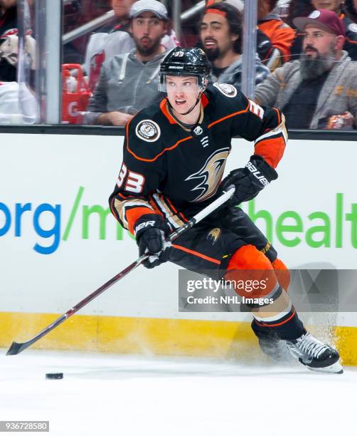 Jakob Silfverberg of the Anaheim Ducks skates with the puck during the third period of the game against the New Jersey Devils at Honda Center on...