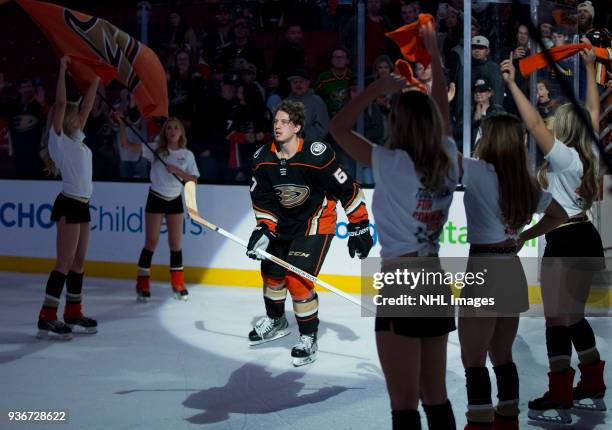 Rickard Rakell of the Anaheim Ducks is recognized as the first star of the game after defeating New Jersey Devils 4-2 during the game at Honda Center...