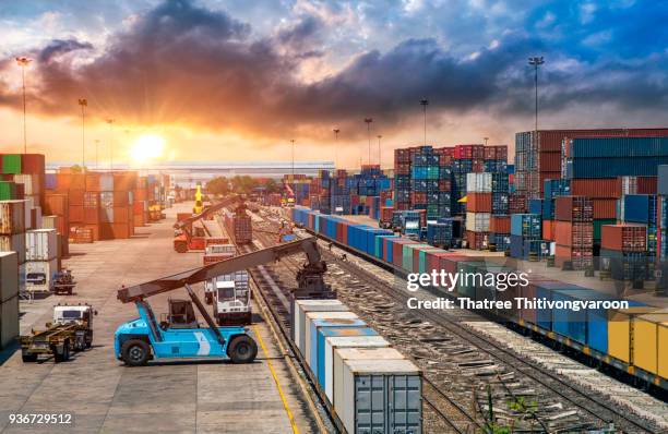 business logistics and transportation concept, of container cargo train and truck for logistic import export and transport industry background - railroad station stock pictures, royalty-free photos & images