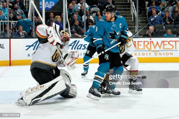 Malcolm Subban of the Vegas Golden Knights protects the net as Joe Pavelski of the San Jose Sharks looks at SAP Center on March 22, 2018 in San Jose,...