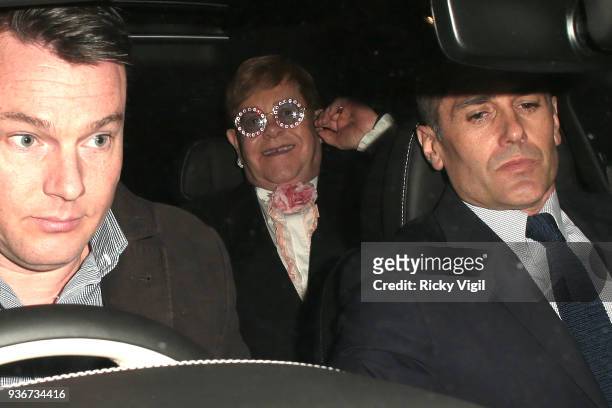 Elton John seen attending Lord Andrew Lloyd Webber - birthday party at The Theatre Royal, Drury Lane on March 22, 2018 in London, England.