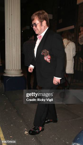 Elton John seen attending Lord Andrew Lloyd Webber - birthday party at The Theatre Royal, Drury Lane on March 22, 2018 in London, England.