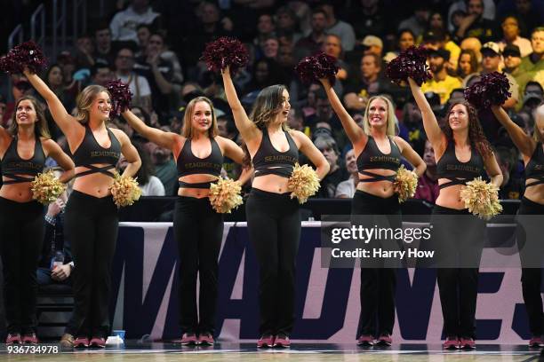 The Florida State Seminoles cheerleaders perform against the Gonzaga Bulldogs during the first half in the 2018 NCAA Men's Basketball Tournament West...