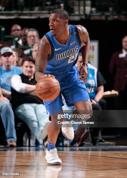 Jalen Jones of the Dallas Mavericks handles the ball during the game against the Utah Jazz on March 22, 2018 at the American Airlines Center in...