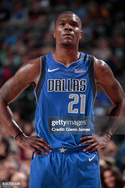 Jalen Jones of the Dallas Mavericks looks on during the game against the Utah Jazz on March 22, 2018 at the American Airlines Center in Dallas,...