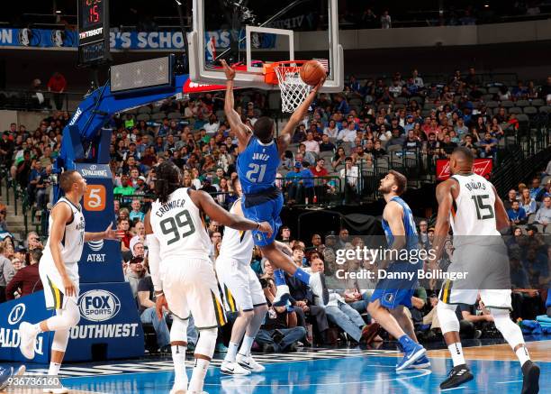 Jalen Jones of the Dallas Mavericks dunks the ball during the game against the Utah Jazz on March 22, 2018 at the American Airlines Center in Dallas,...